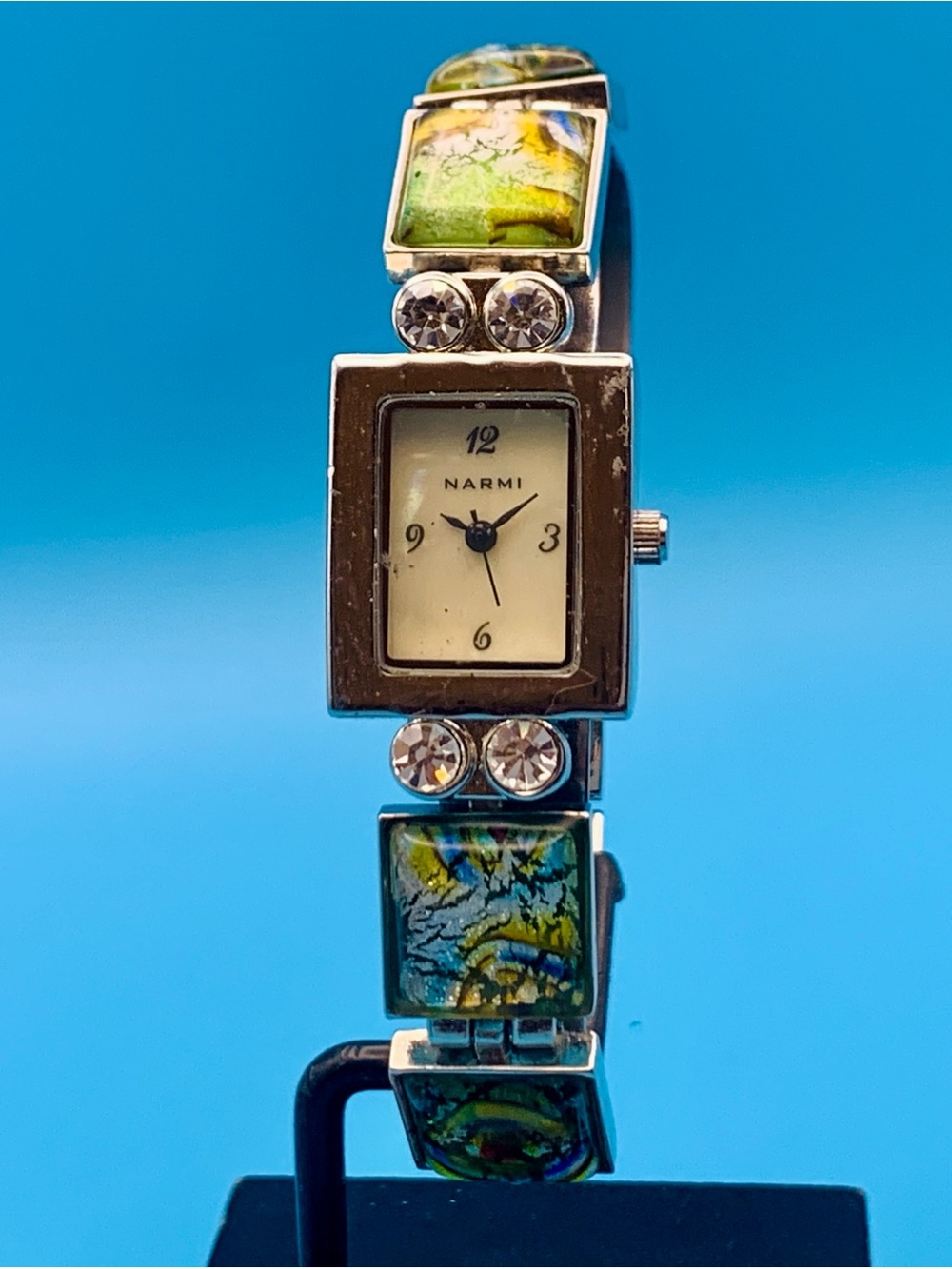NARMI 11053 Women’s Tank Wristwatch Abalone And Crystal Accents Working New Batt